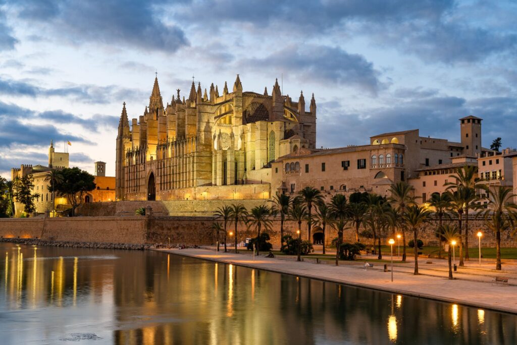 An evening view of the gothic Le Seu cathedral on Palma, Majorca